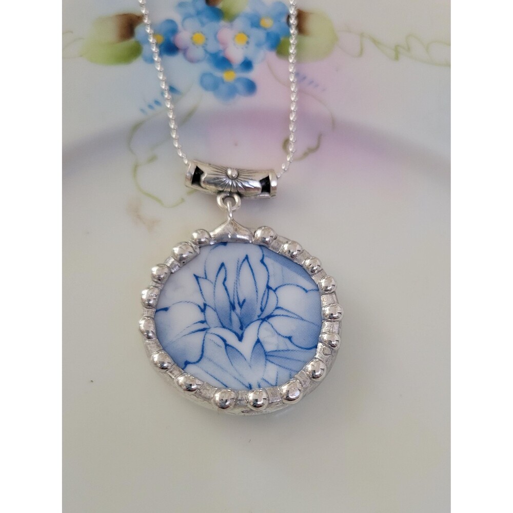 Vintage Toyo Porcelain Blue Iris Pendant Necklace Soldered Broken China Jewelry